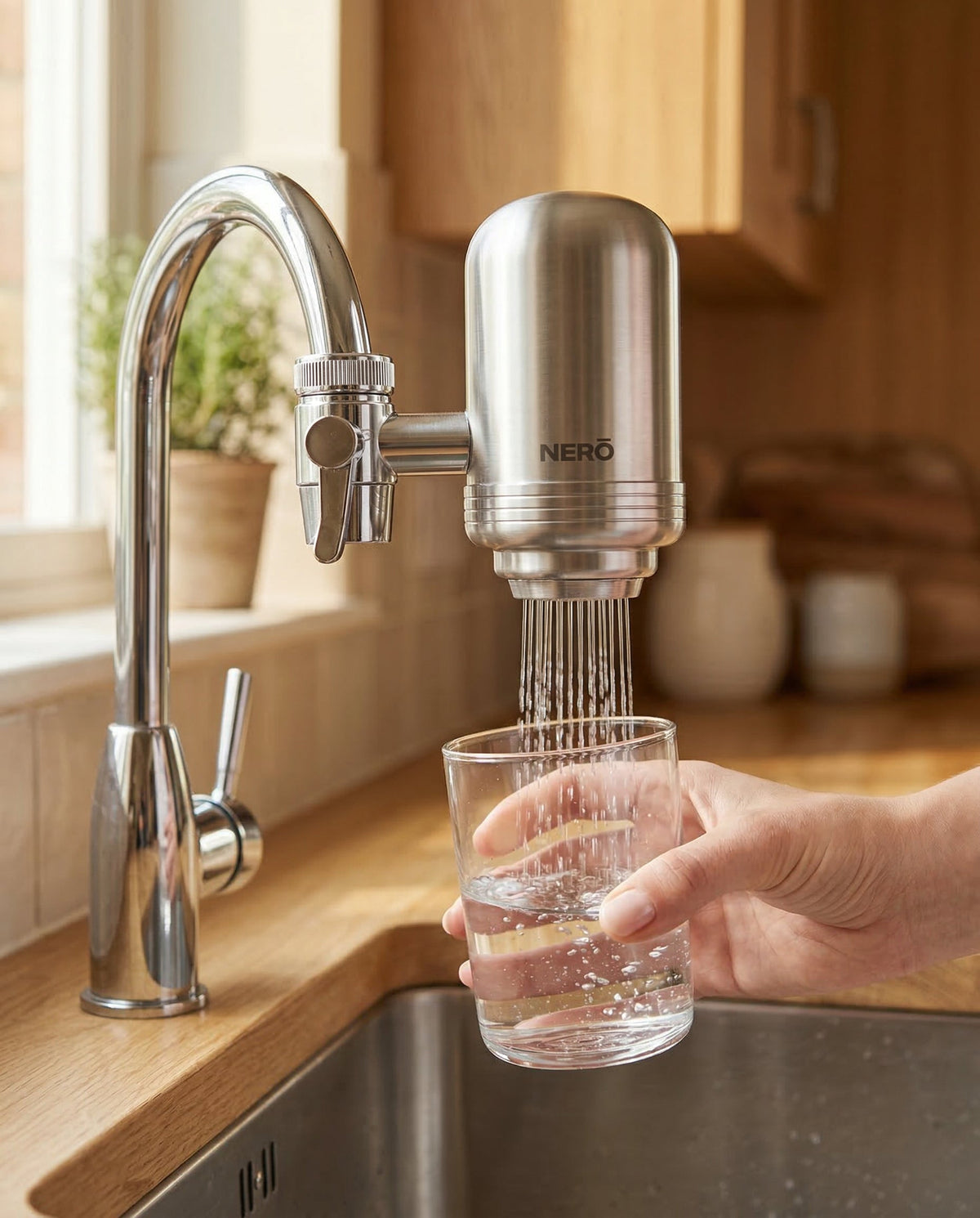 Filtered water pouring from the NERŌ filter into a glass