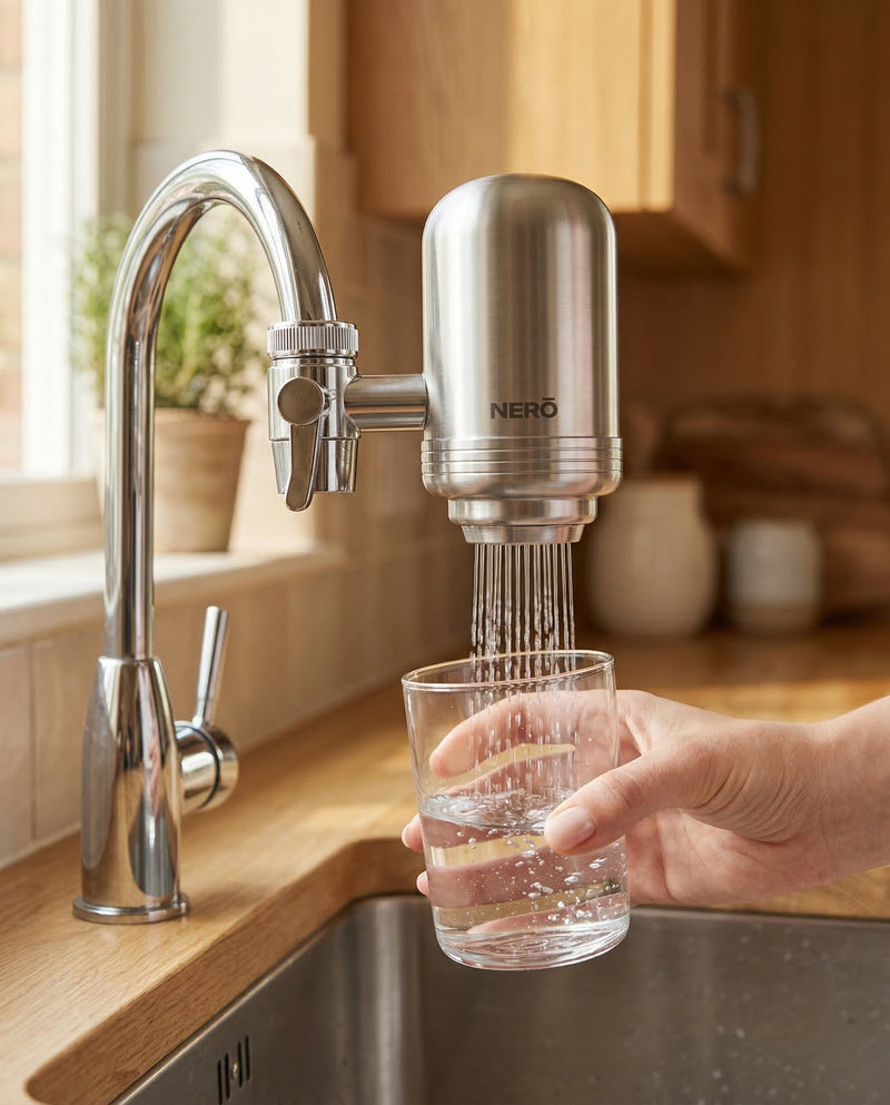 Filtered water pouring from the NERŌ filter into a glass