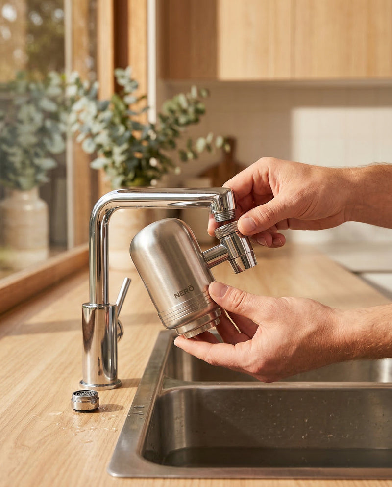 Hands screwing the NERŌ filter onto a kitchen tap