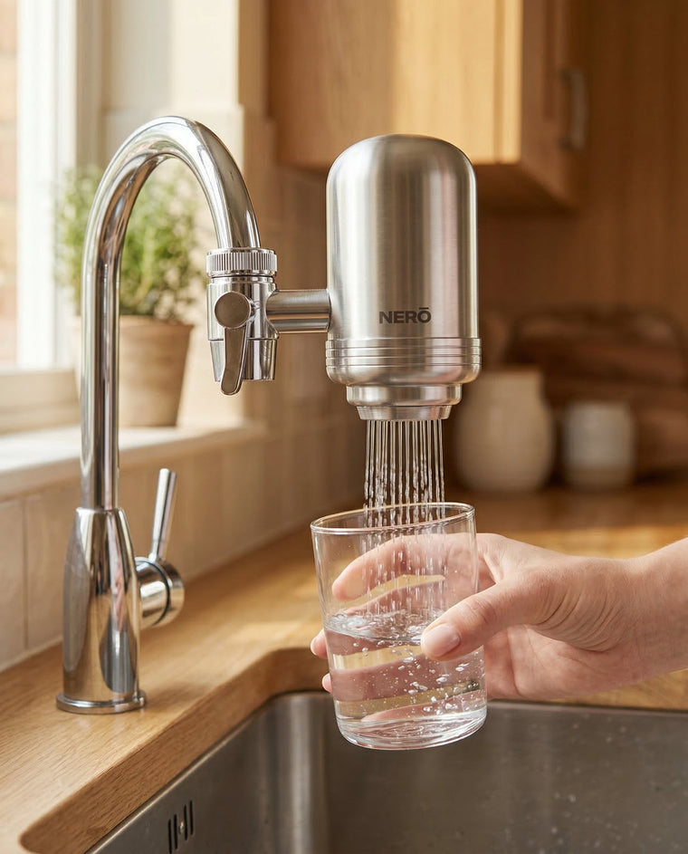 Filtered water pouring from the NERŌ filter into a glass