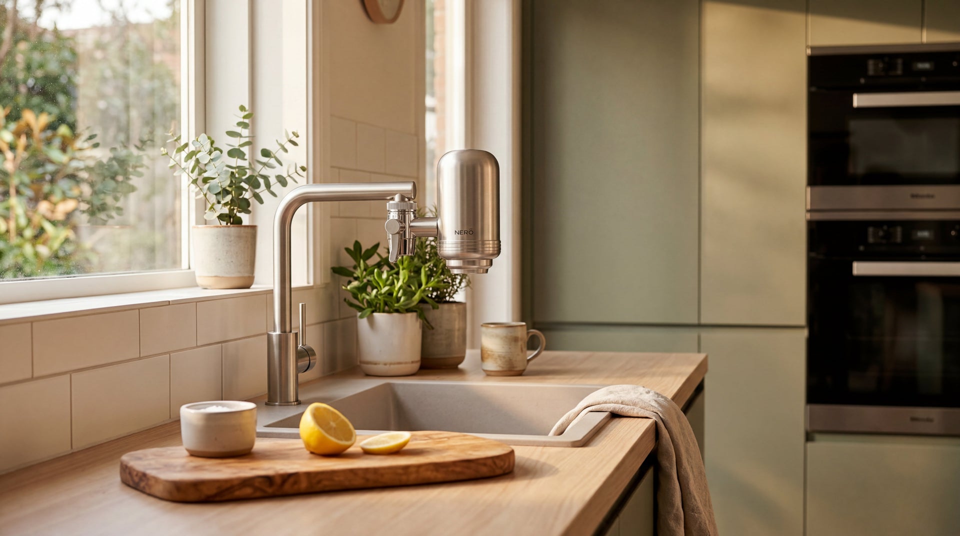 A stainless steel NERŌ filter on a kitchen tap in a sunlit Australian kitchen